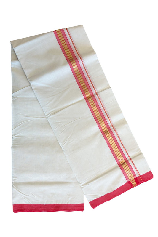 15% DISCOUNT! KaithariKada HANDLOOM Millpaav Balaramapuram - 100% PURE Cotton off white (Unbleached) Double Mundu/Dhoti -  1.75 inch Kasavu & Red+Pink Kara-134