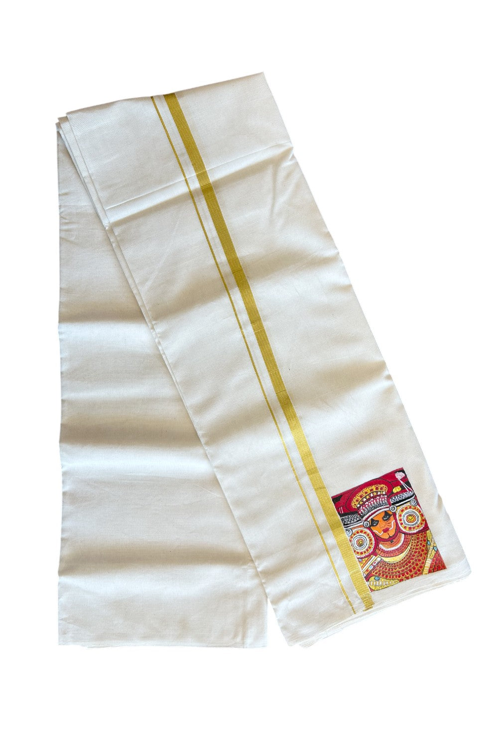 KaithariKada Balaramapuram 100% Cotton Double Off white - (Unbleached) Mundu/Dhoti-100x80 1 inch Kasavu & Hand Painted Theyyam Design Kara 3.70 meter- 7KK5046KK