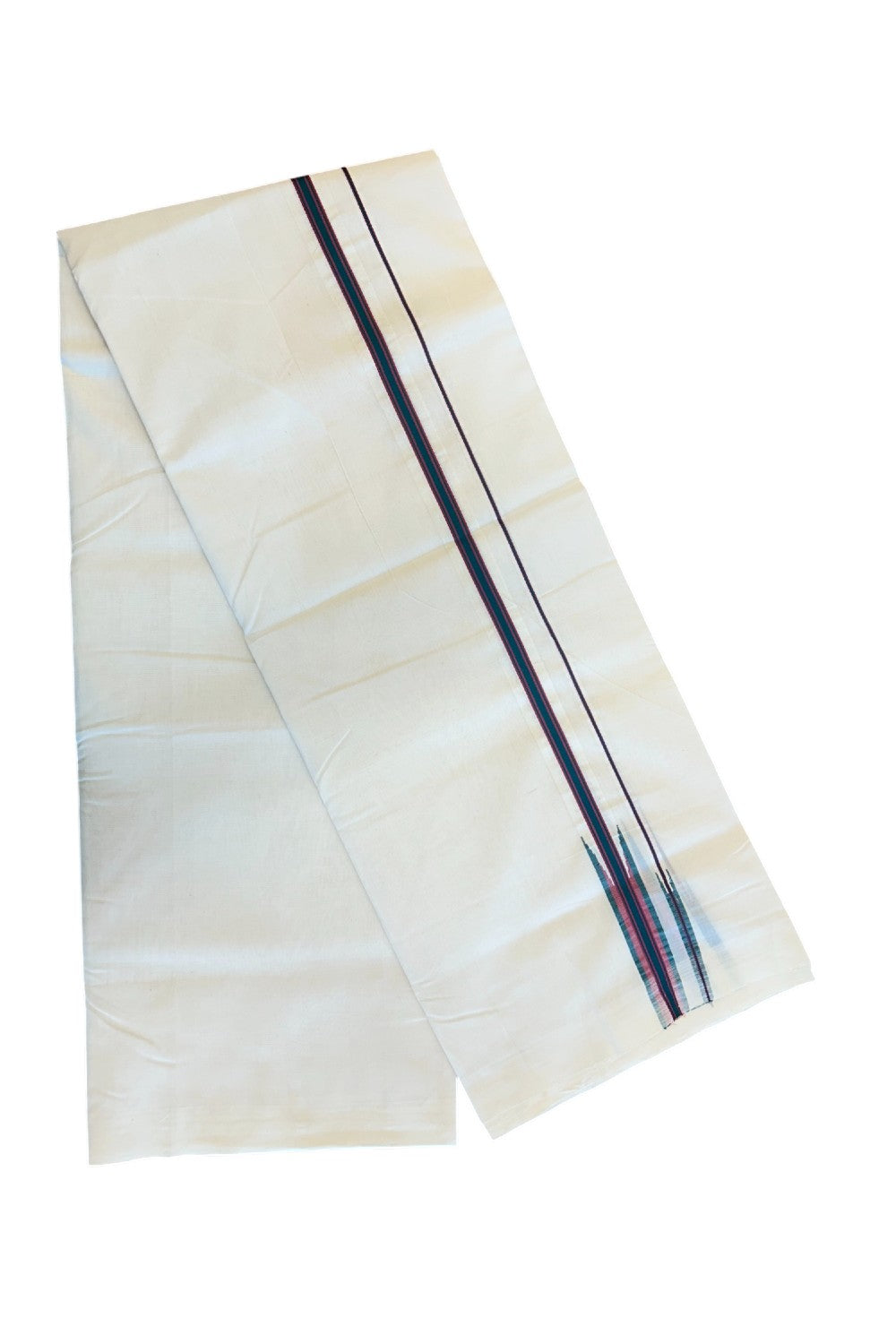 34% DISCOUNT!! KaithariKada HANDLOOM UNAKKUPAAV Balaramapuram - 100% PURE Cotton OFF White Double - (Unbleached) Mundu/Dothi - 1 inch Puliyilakkara Green & Red Stripes Double chutty - 7KK5049REA