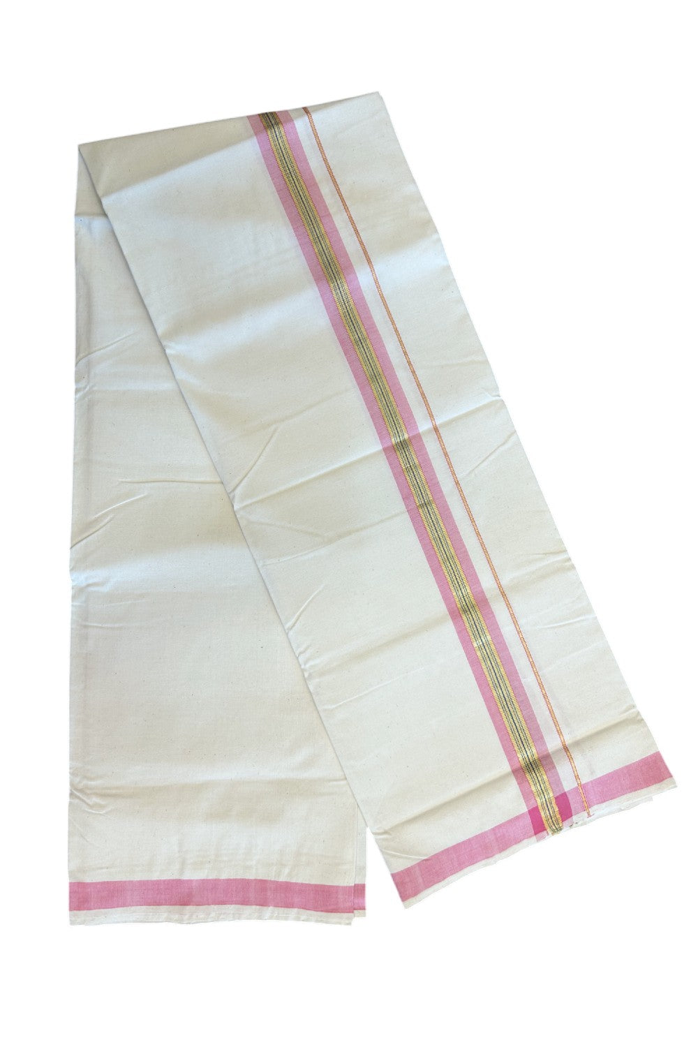 32% Discount KaithariKada 100% Cotton Balaramapuram HANDLOOM Single Mundu/Dhoti - Off White (Unbleached)  2inch Pink + Blue & Kasavu Kara Stripes-310