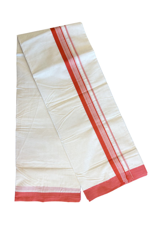 20% DISCOUNT! KaithariKada Balaramapuram 100% Cotton Double Off white - (Unbleached) - Mundu/Dhoti - 100x100 - 2.25 inch Reddish orange Kara - 129