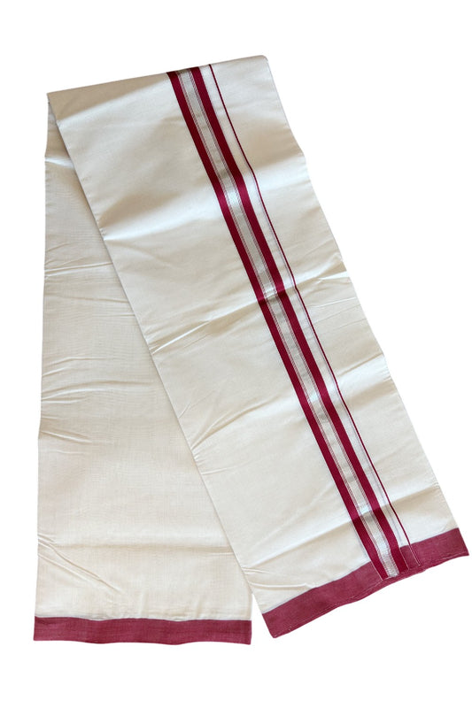 19% DISCOUNT!! KaithariKada HANDLOOM Millpaav Balaramapuram -  100% PURE Cotton OFF White - (Unbleached) Double Mundu/Dothi - Silver kasav Maroon kara - 7KK5065KK