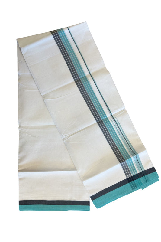 19% Discount!!! KaithariKada Balaramapuram  PURE WHITE Double Mundu/Dhoti - 80X90 - 2.25 inch Silver stripes Black & Turquoise green  puliyilakkara striped chutty kara 3.85 meters - 7KK5058GUN