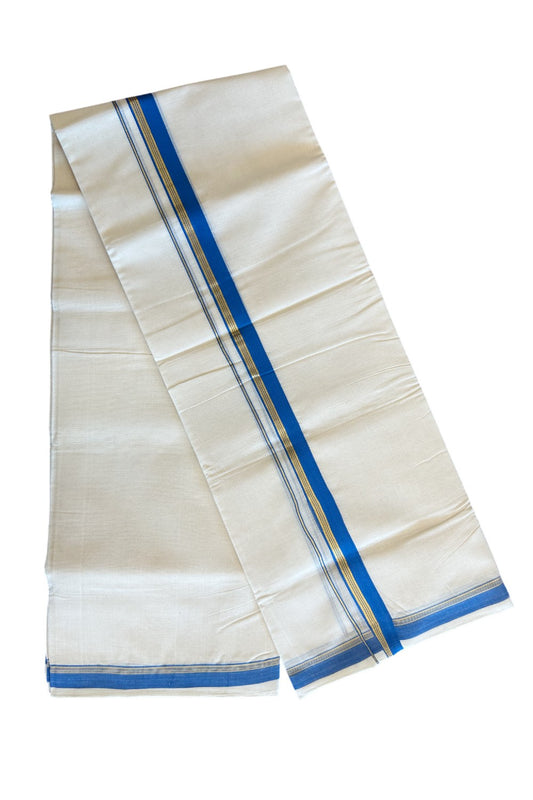 10% DISCOUNT! KaithariKada Balaramapuram Handloom 100% Cotton Double Off white (Unbleached) Mundu/Dhoti-100X100-1.5 inch  Gold Kasavu & Blue Kara.-7.