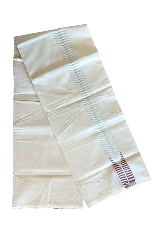 23% DISCOUNT ! KaithariKada 100% Cotton OFF WHITE - (Unbleached) - Double Dhoti/Mundu - 12 Line Royal Maroon Puliyilakkara Chutty & Silver Kasavu Stripes - 7KK5063KK