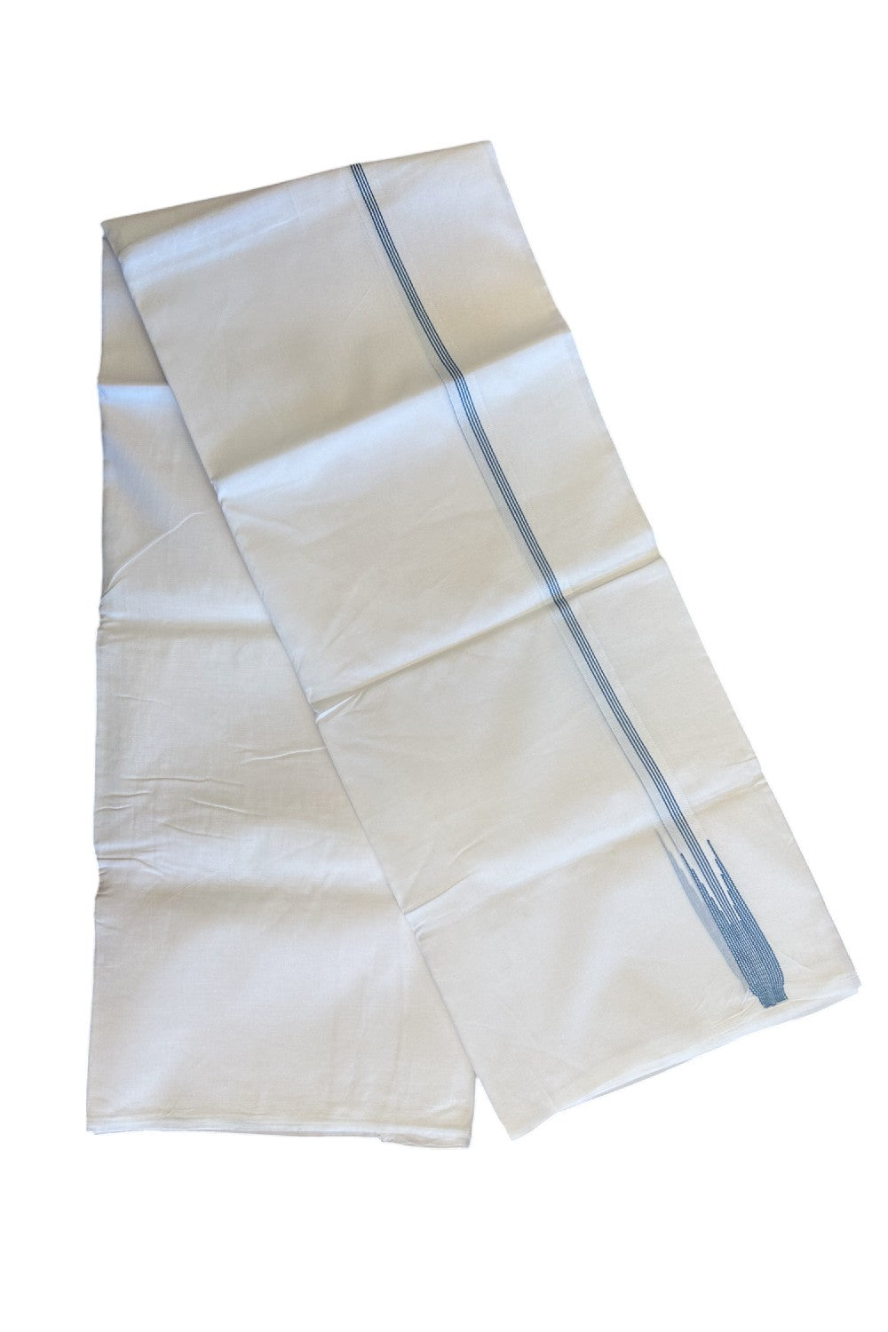 19% DISCOUNT!! KaithariKada Balaramapuram 100% Cotton PURE WHITE Double Mundu/Dhoti-100x100 -1.5 cm Puliyilakkara 4 line Blue striped chutty - 7KK5066KK