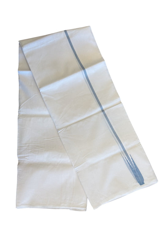 19% DISCOUNT!! KaithariKada Balaramapuram 100% Cotton PURE WHITE Double Mundu/Dhoti-100x100 -1.5 cm Puliyilakkara 4 line Blue striped chutty - 7KK5066KK