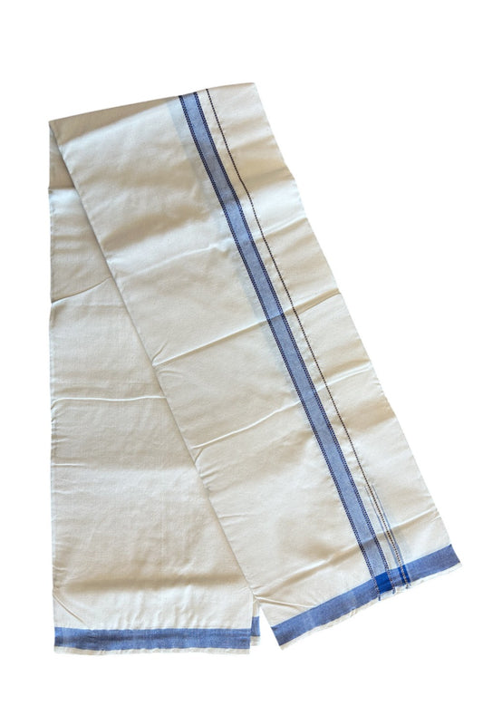 32% Discount ! KaithariKada 100% Cotton Balaramapuram HANDLOOM Single Mundu/Dhoti - Off White (Unbleached) 1.Inch Blue  Puliyilakkara Chutty- KAIH01.