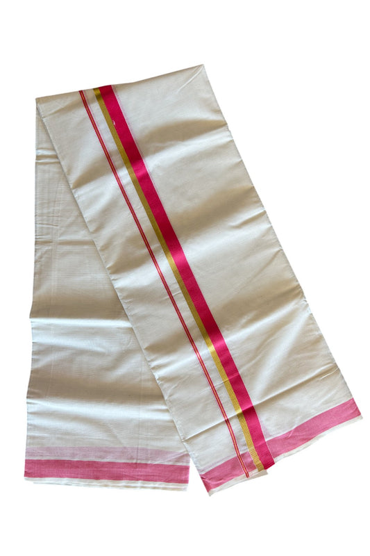 10% Discount! KaithariKada Balaramapuram 100% Cotton Off White - (Unbleached) Double Mundu/Dhoti-80x72 PINK & KASAVU - 9KK57VIN