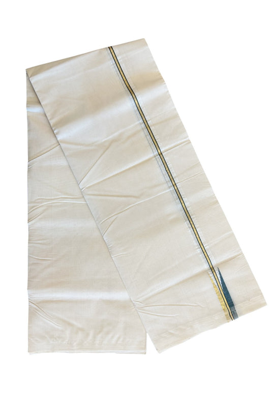 21% DISCOUNT!! KaithariKada HANDLOOM Millpaav Balaramapuram - 100% PURE Cotton OFF White (Unbleached) Double Mundu/Dothi -  Kasavu & dark green Puliyilakkara chutty - 15KK86RAM