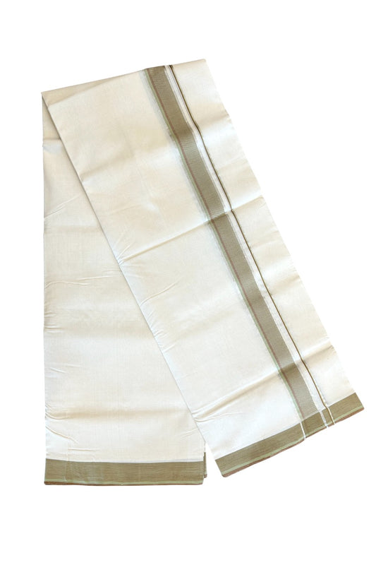 21% DISCOUNT!! KaithariKada HANDLOOM Unakkupaav Balaramapuram - 100% PURE Cotton OFF White - (Unbleached) Double Mundu/Dothi - 1.75 inch Green Brown & Silver striped pattern kara - 47KK403RAM