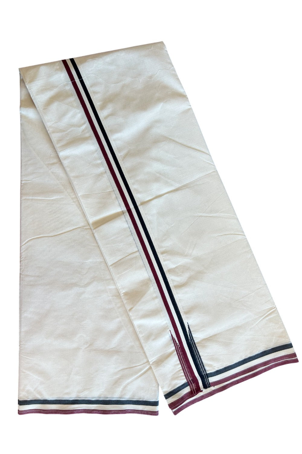 ADMK VESHTI - 22% DISCOUNT! KaithariKada 100% Cotton off white Double - (Unbleached) Mundu/Dhoti - 100X100 - 1.5 inch Black White & Maroon Striped Wings Chutty kara - 7KK5079ASH