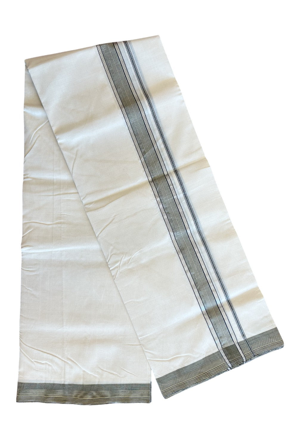 19% Discount !! KaithariKada HANDLOOM UNAKKUPAAV Balaramapuram - 100% PURE Cotton off white - (Unbleached) Double Mundu/Dhoti - 2.25 inch Silver kasavu Sand Brown & Black striped kara - 7KK5082RAM