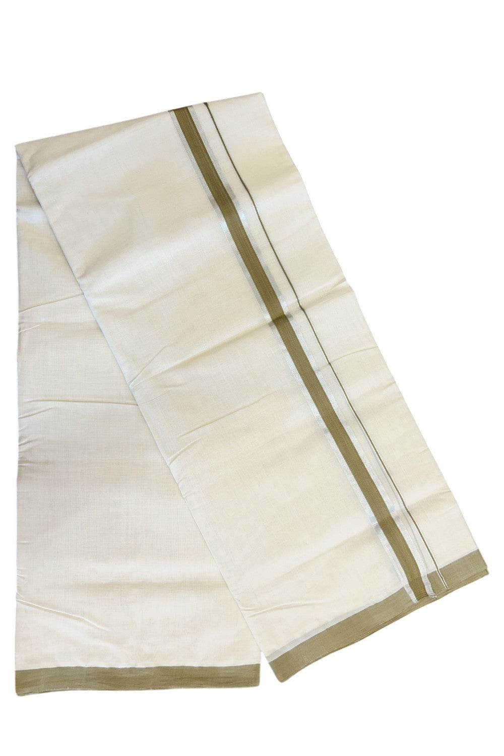 19% Discount !! KaithariKada HANDLOOM millpaav Balaramapuram - 100% PURE Cotton OFF White Double - (Unbleached)  Mundu/Dothi - 1.75  inch Silver kasavu & Brownish green kara 4.5 Meters (10 Muzham) - 7KK5081RAM