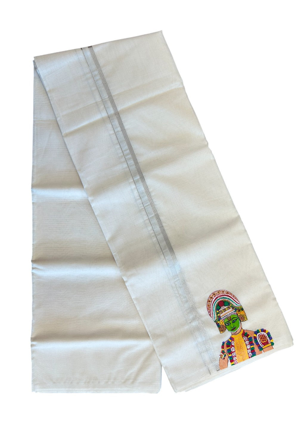 KaithariKada Balaramapuram 100% Cotton Double Off white - (Unbleached) Mundu/Dhoti-100x80 0.75 inch SILVER Kasavu & Hand Painted Ottam Thullal Design Kara 3.70 meter- 7KK5083ASH