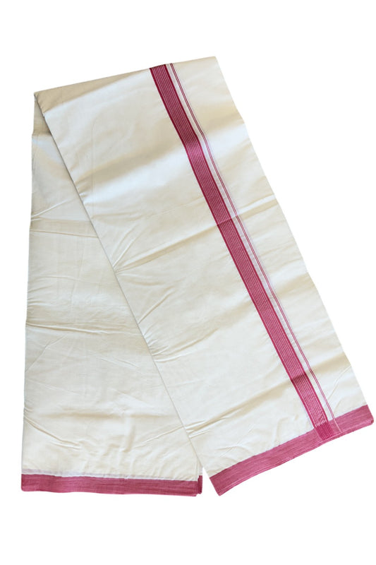 19% DISCOUNT ! KaithariKada 100% Cotton OFF WHITE (Unbleached) Double Dhoti/Mundu- 1.5 inch Puliyilakkara Magenta Pink Striped Kara 4.5 Meters (10 Muzham) - 7KK5086ASH