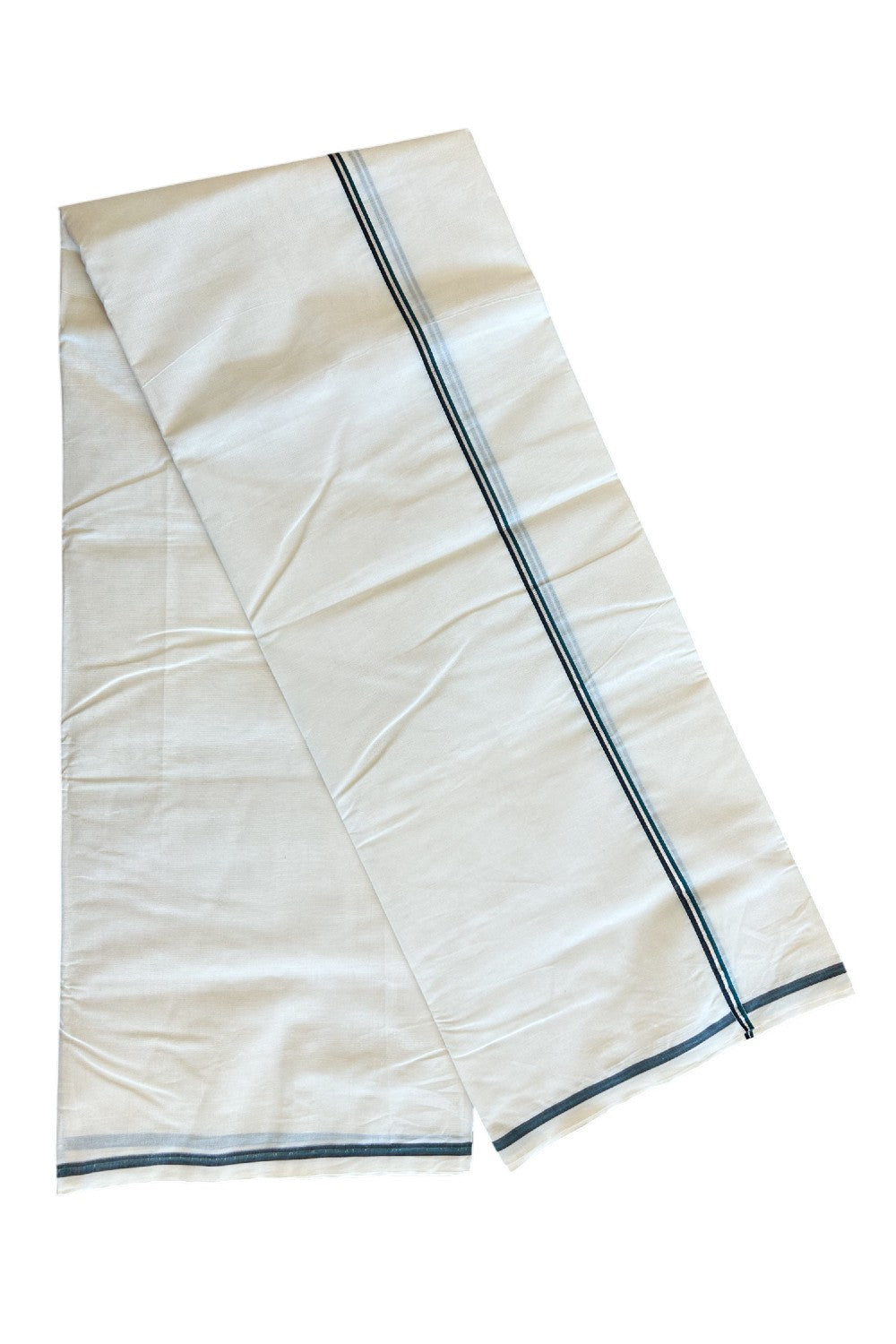 19% Discount!!  KaithariKada Balaramapuram 100% Cotton Double off white - (Unbleached) Mundu/Dhoti - 100X100 - 0.5 inch Peacock Green Black & Silver Striped kara - 7KK5087ASH