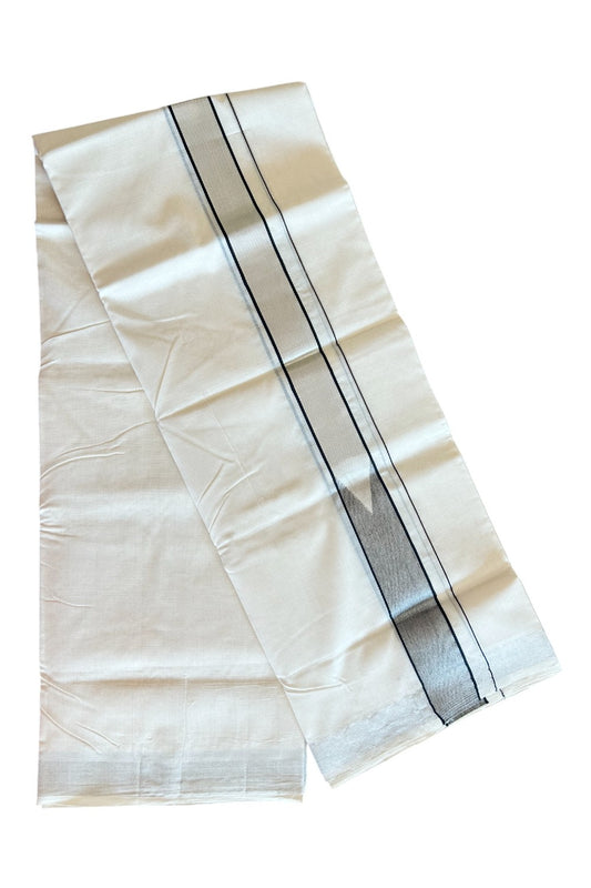 19% DISCOUNT ! KaithariKada HANDLOOM Unakkupaav Balaramapuram - 100% PURE Cotton Off White - (Unbleached) Double Mundu/Dhoti - 1.5 inch Silver Kasavu & Black heavy Chutty Kara- 6KK5089YAR