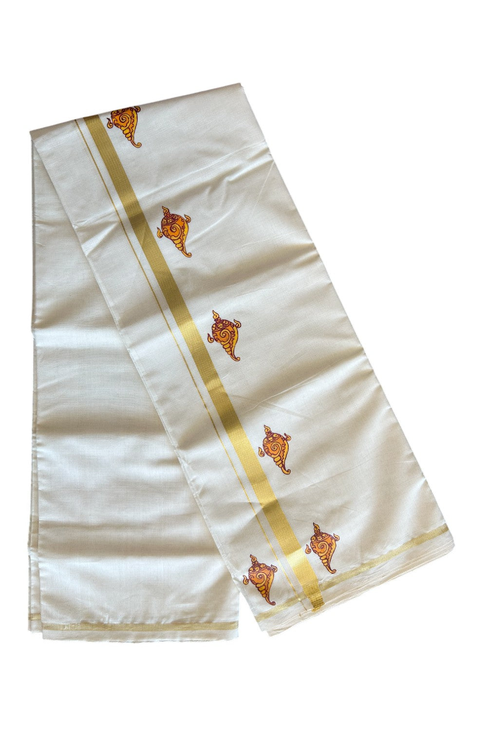 KaithariKada HANDLOOM Millpaav Balaramapuram - 100% PURE Cotton OFF White - (Unbleached) Double Mundu/Dothi - 3 cm Kasavu kara Hand Painted Shankh Design - 7KK5091RAM