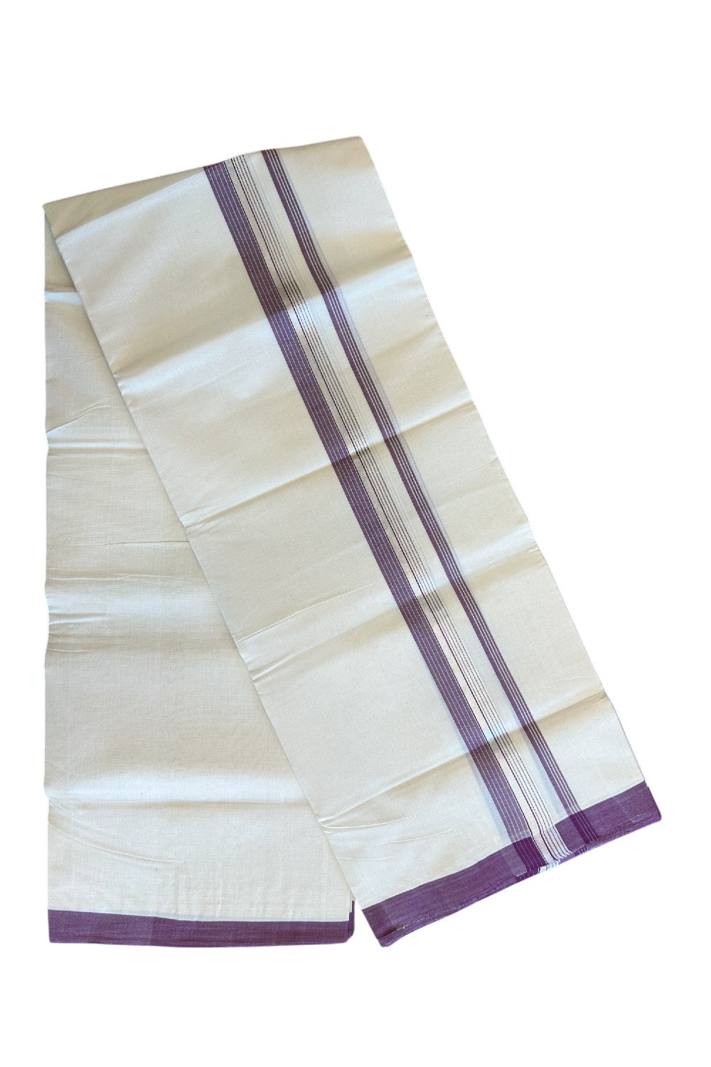 19% Discount! KaithariKada HANDLOOM UNAKKUPAAV Balaramapuram - 100% Cotton Double OFF White (Unbleached) - Mundu/Dhoti - 100x100 2.25 inch Wine Purple & Silver kasavu Stripes Kara - 7KK5096YAR