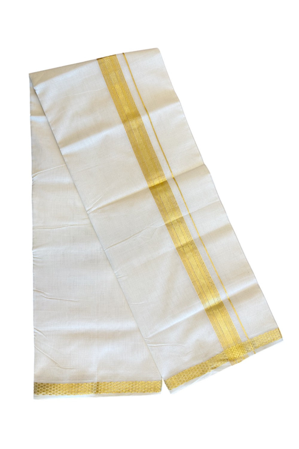 30% DISCOUNT ! KaithariKada HANDLOOM Unakkupaav Balaramapuram - 100% PURE Cotton Off White - (Unbleached) Double Mundu/Dhoti - 100x100 5.5 cm Kasavu Stripes kara - 7KK5097ABH