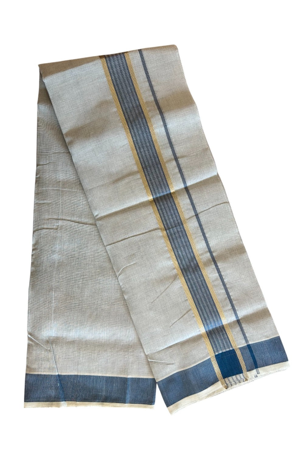 30% DISCOUNT! KaithariKada HANDLOOM Millpaav Balaramapuram - 100% PURE Cotton Off White (Unbleached) - Double Mundu/Dhoti - 3 inch Gold Kasavu Striped Kara & Blue Tissue Body- 7KK5105RAM