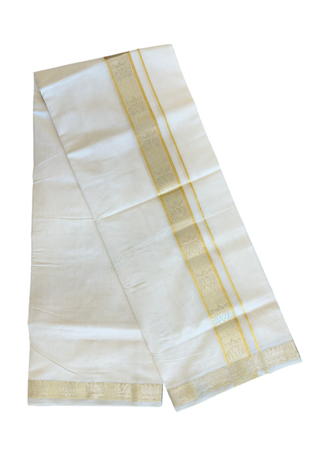 30% DISCOUNT ! KaithariKada HANDLOOM Unakkupaav Balaramapuram - 100% PURE Cotton Off White - (Unbleached) Double Mundu/Dhoti - 2.5 inch Gold Kasavu & Silver Lotus Design Kara - 7KK5107ABH