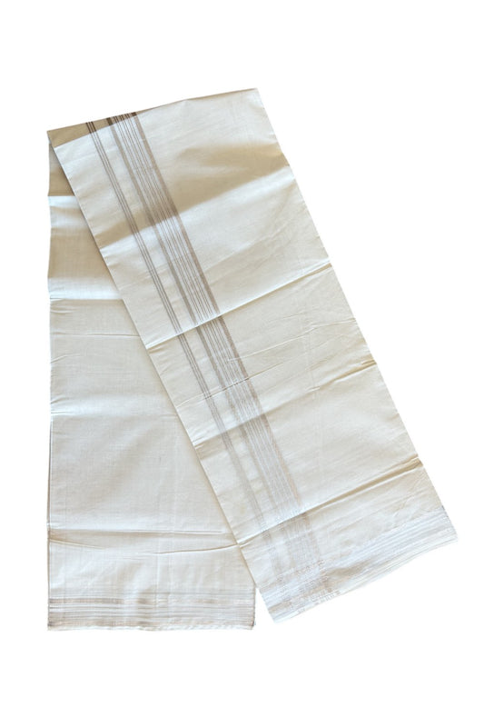 19% DISCOUNT! KaithariKada Balaramapuram 100% Cotton  Off white (Unbleached) Double Mundu/Dhoti-100x100 1.5 inch Silver Kasavu Striped kara - 7KK5110THI