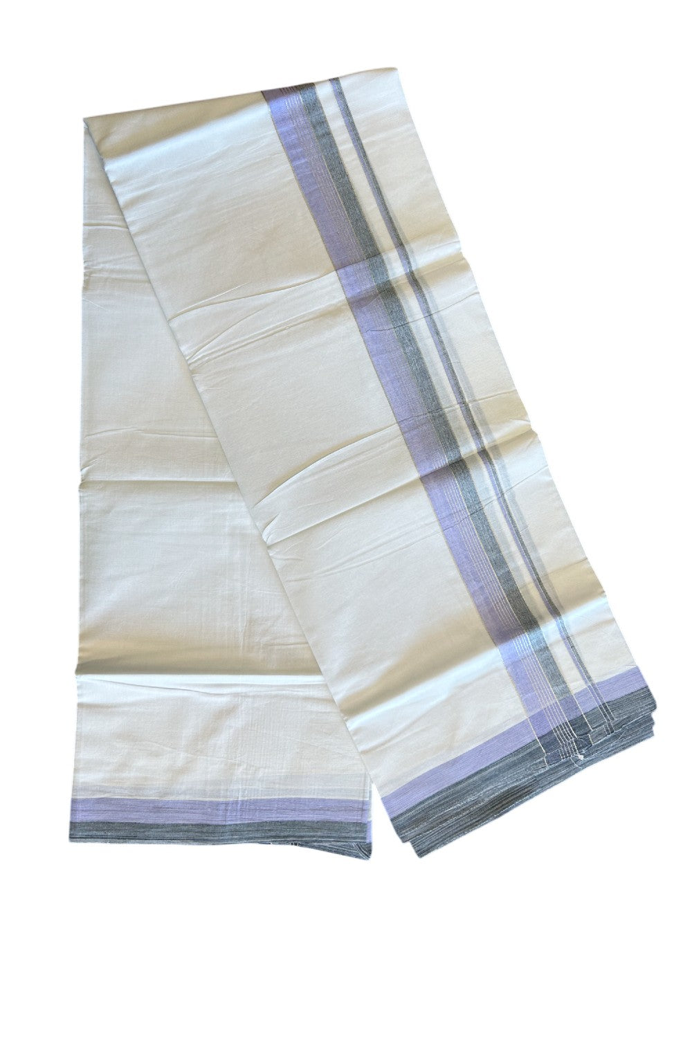 20% Discount !! KaithariKada Balaramapuram Double PURE WHITE Mundu/Dhoti- 100x80 - 2.5 inch Lavender & Black Shaded with Silver Striped kara - 3.90 mtr - 7KK5112PMC