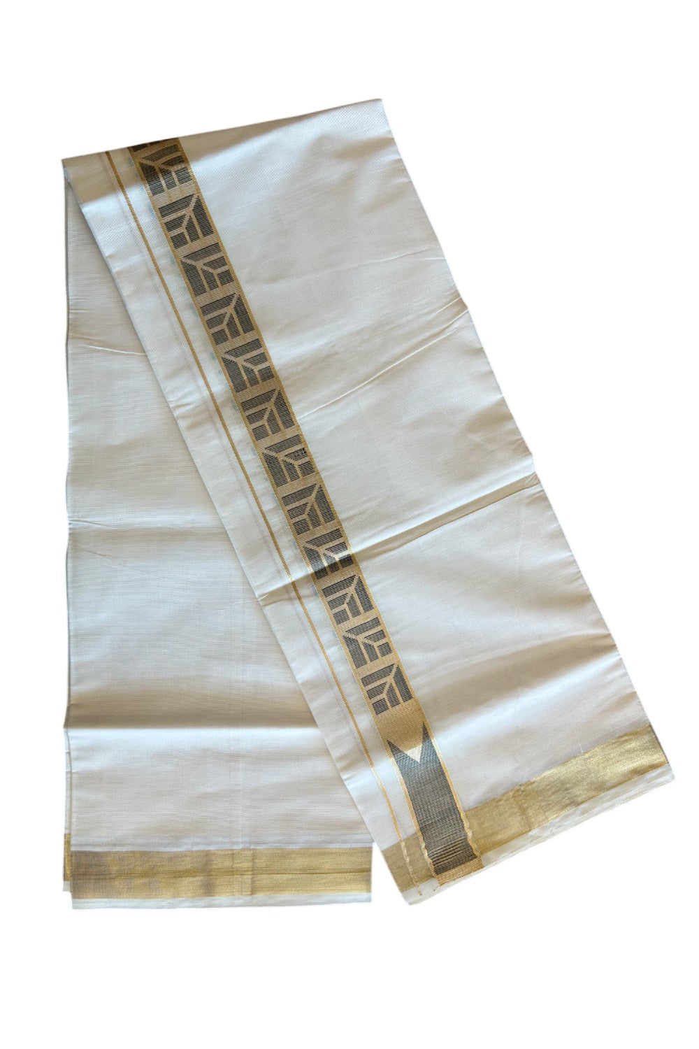 20% DISCOUNT ! KaithariKada Balaramapuram Mixed Cotton OFF White (Unbleached) Double Mundu/Dhoti - 80x80 Thread Mixed Cotton - 2.25 inch Gold kasavu & Dark Green design Chutty kara - 7KK5113PMC