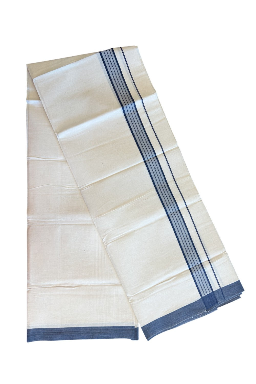 8% Discount ! Kaitharikada Balaramapuram 100% Cotton OFF WHITE SINGLE Mundu/Dothi (40s) - 1.75 inch Dark Blue & White shaded Stripes Kara (2 meter / 4 muzham) - 7KK5114THI