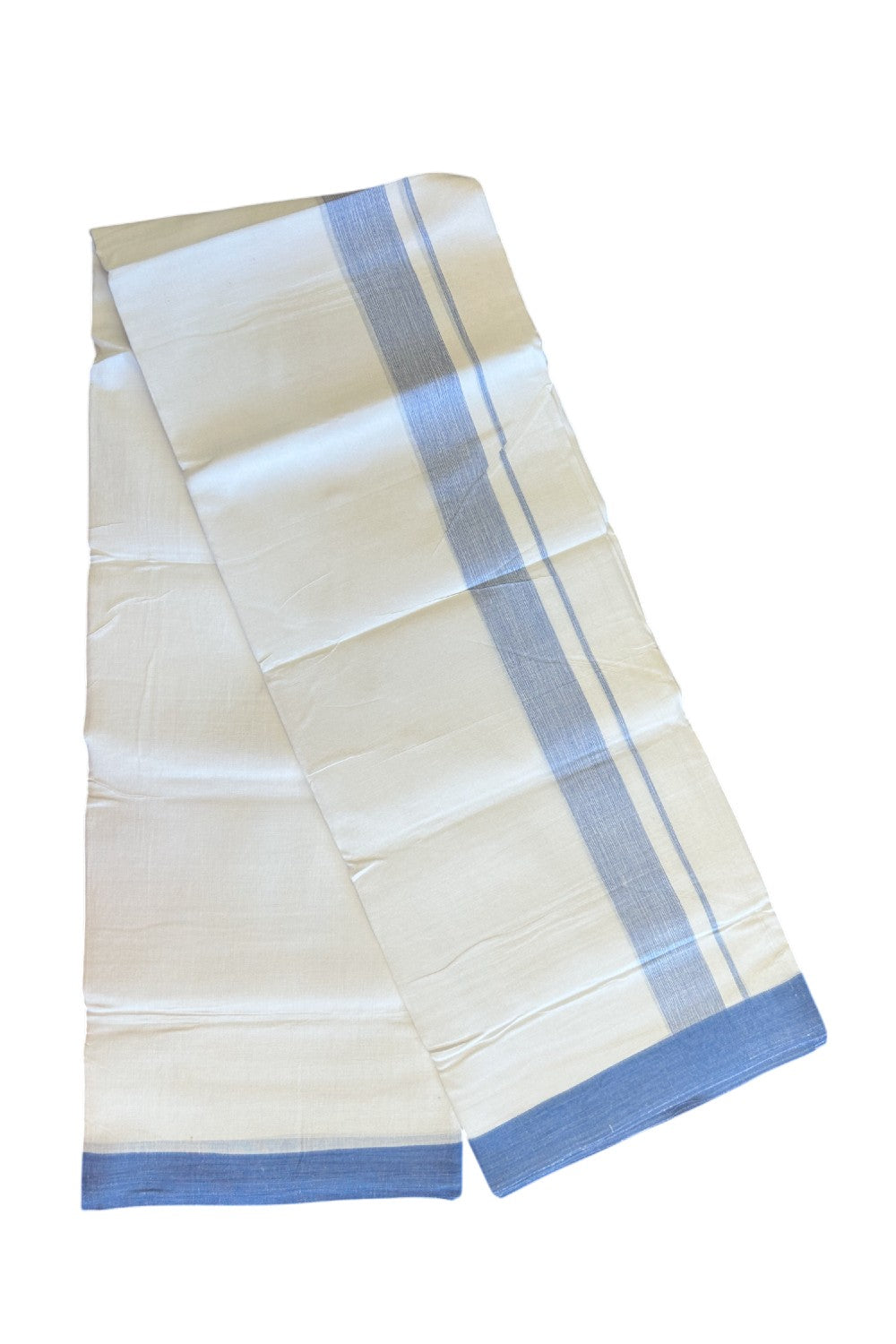 Linen Dhoti NEW! 20% Discount from Kaitharikada.com - Double Mundu/Dhoti 80x90 Thread PURE WHITE - Pure Cotton + Linen -2.25 Inch Sky Blue Shaded Kara- 25KK5115THI