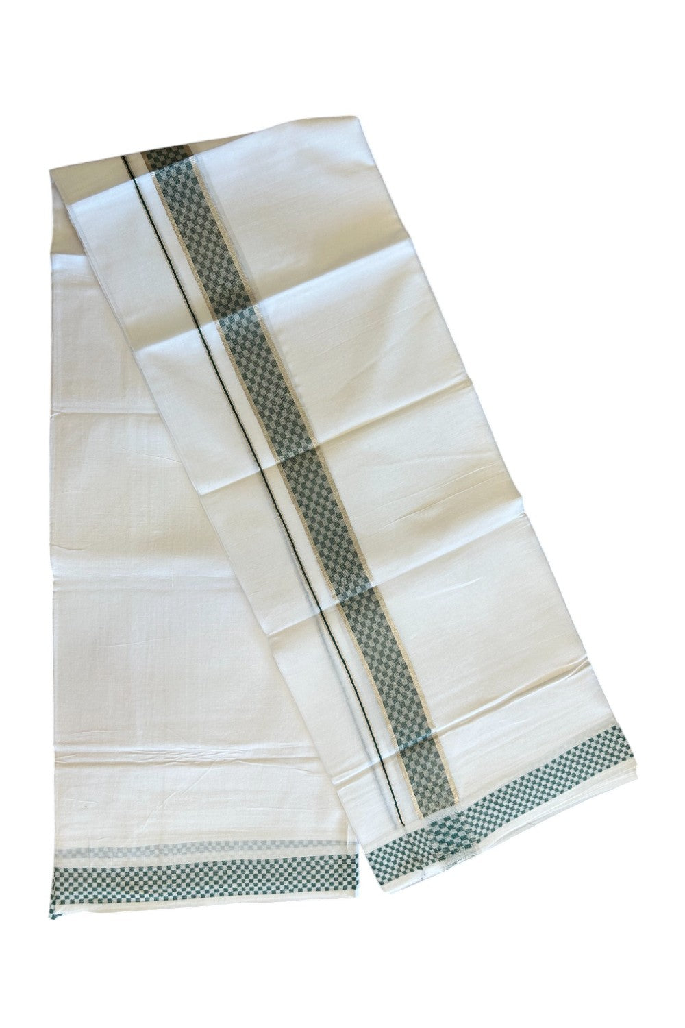 20% DISCOUNT! KaithariKada Balaramapuram 100% Cotton Double PURE white Mundu/Dhoti - 100x80 - 2 Inch Silver kasavu & Dark Green Check jacquard pattern Kara - 7KK5118PMC