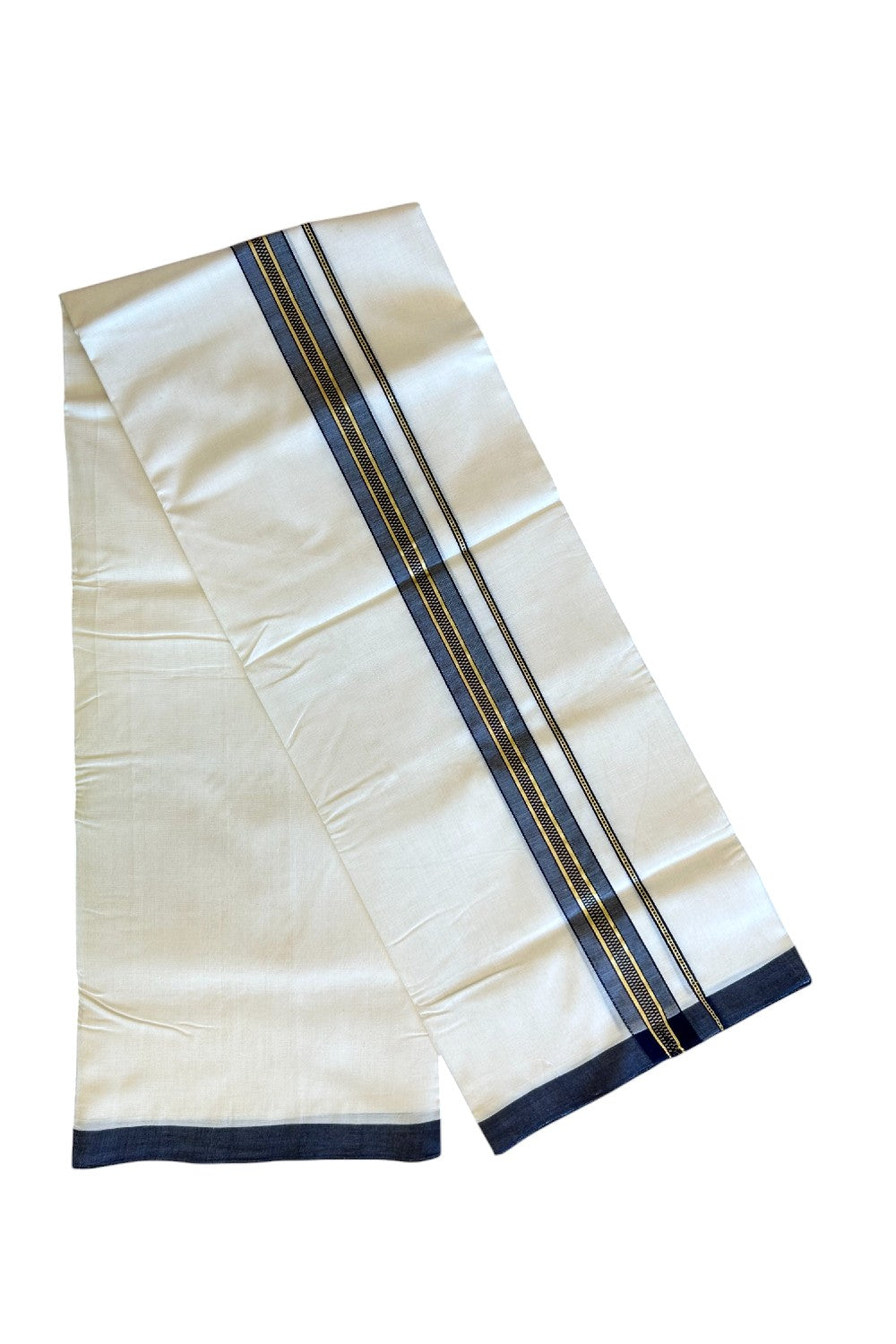 30% Discount!!! KaithariKada HANDLOOM UNAKKUPAAV Balaramapuram - 100% PURE Cotton off white (Unbleached) Double Mundu/Dhoti - 1.5 inch Shaded Black & Kasav Pattern Kara - 7KK5123RAM