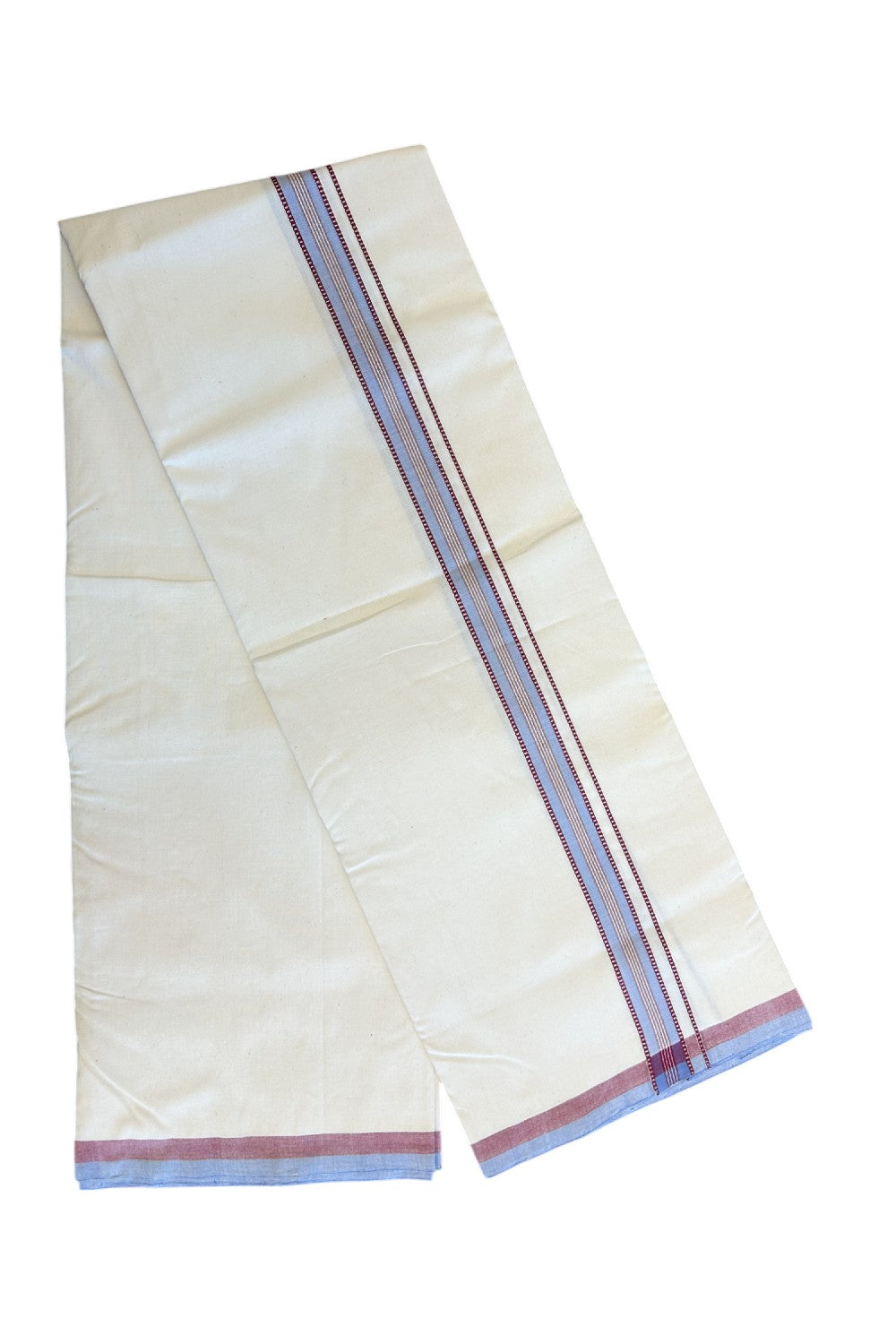 SIGNATURE KAITHARIKADA EXCLUSIVE SINGLE DHOTI - 30% Discount!!  100% Cotton Balaramapuram HANDLOOM Single Mundu/Dhoti - Off White - (Unbleached) 1 inch Lavender Blue & Maroon Silver Kasavu White stripes Muthukuri kara  (2 meters /4 muzham) - 6KK5131KAI