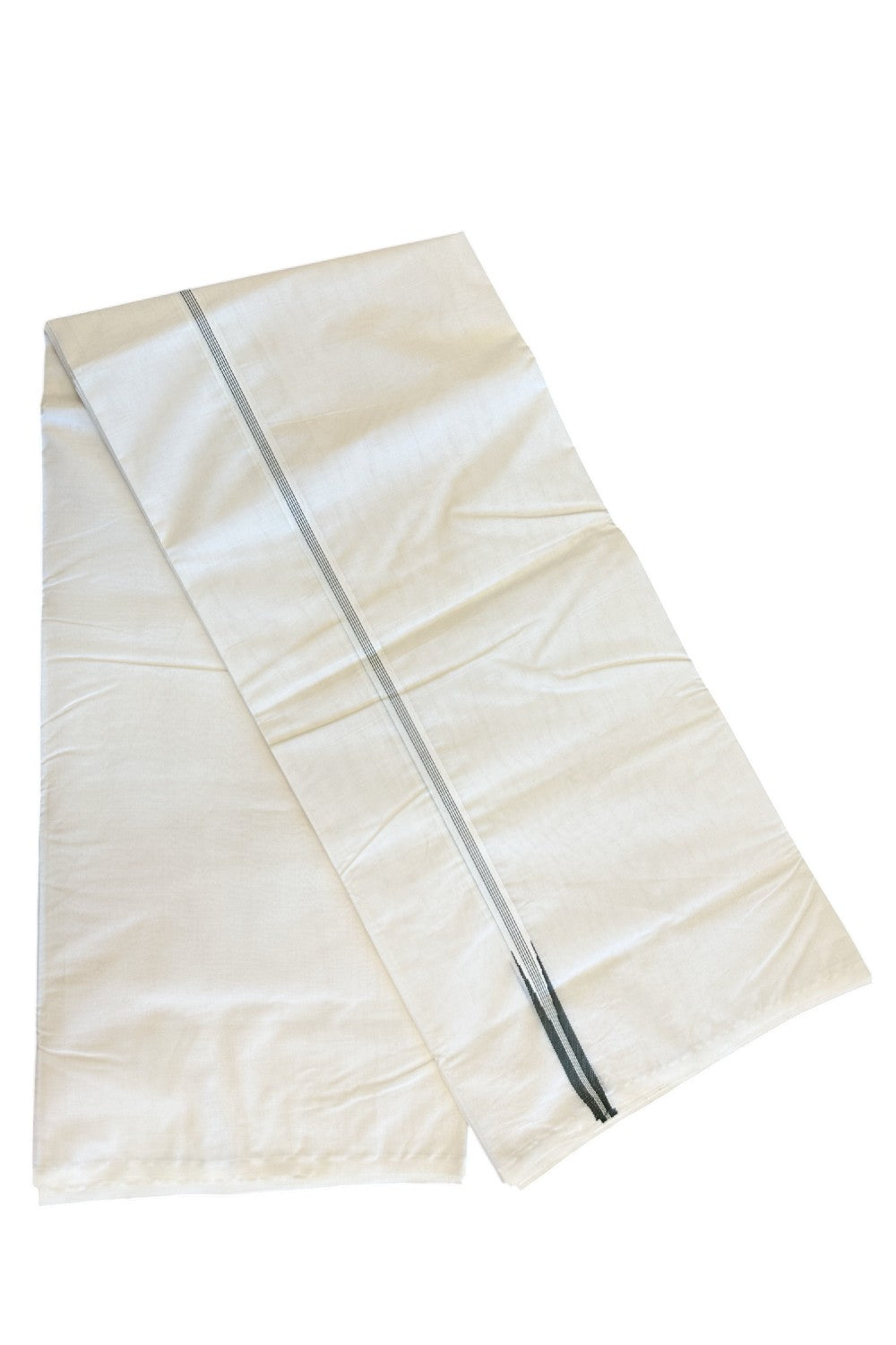 19% DISCOUNT ! KaithariKada 100% Cotton OFF WHITE (Unbleached) Double Dhoti/Mundu- 100x100 1.5 cm Puliyilakkara Sage Green Chutty Kara 4.50 m - 7KK5133ASH