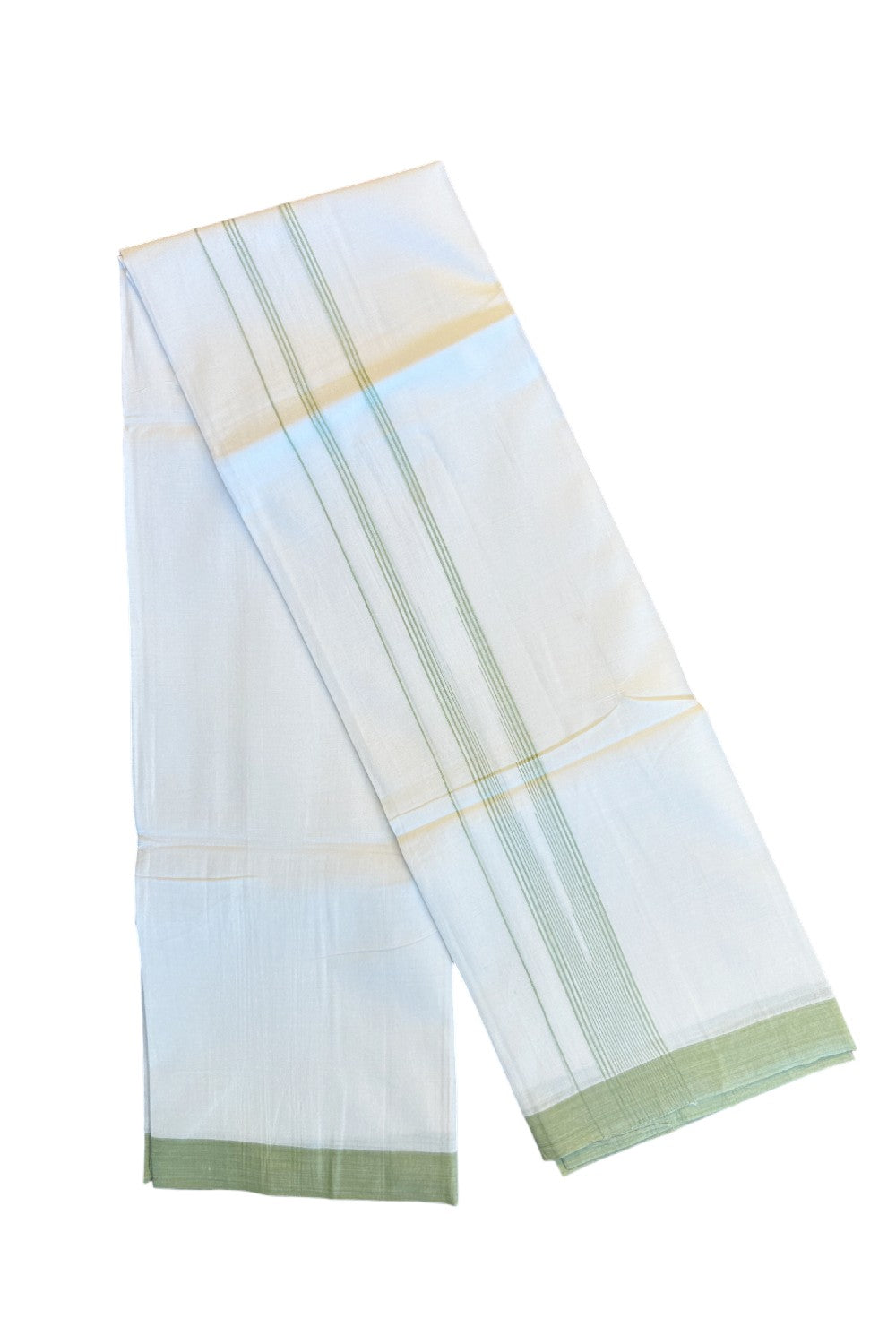 22% DISCOUNT!! Kaitharikada Balaramapuram 100% Cotton Ultra WHITE Double Mundu/Dothi-100x100  2.25 Inch LIGHT GREEN Striped Cotton Kara 3.80m- 7KK74RAM