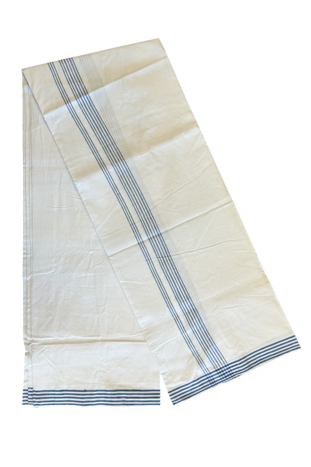 Ultimate HANDLOOM-19% Discount! - Kaitharikada Kalamachal-Government Sealed HALLMARKED-100% PURE COTTON! (80x80) Twisted Thread- Light WHITE SINGLE Mundu / Dhoti - 1.75 inch Blue Striped Kara - 7KK8004KK