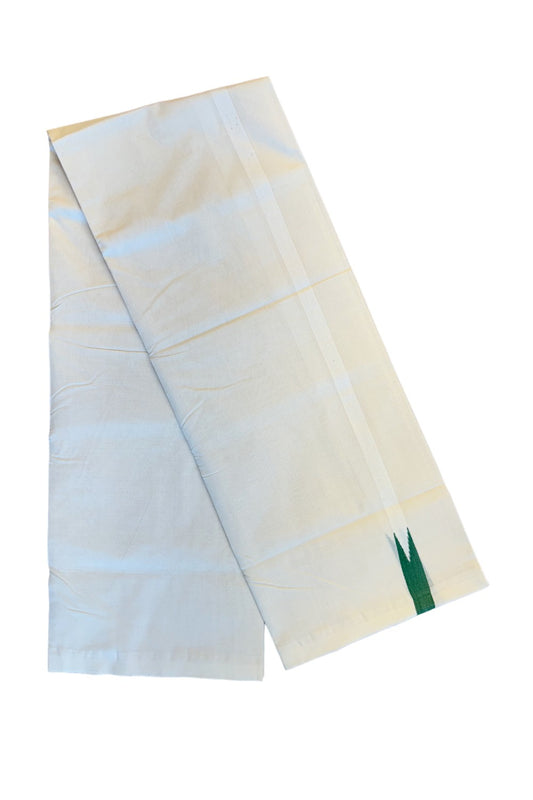 21% DISCOUNT!! KaithariKada HANDLOOM Unakkupaav Balaramapuram - 100% PURE Cotton OFF White (Unbleached) Double Mundu/Dothi - White kara Green puliyilakkara Chutty - 7KK86RAM