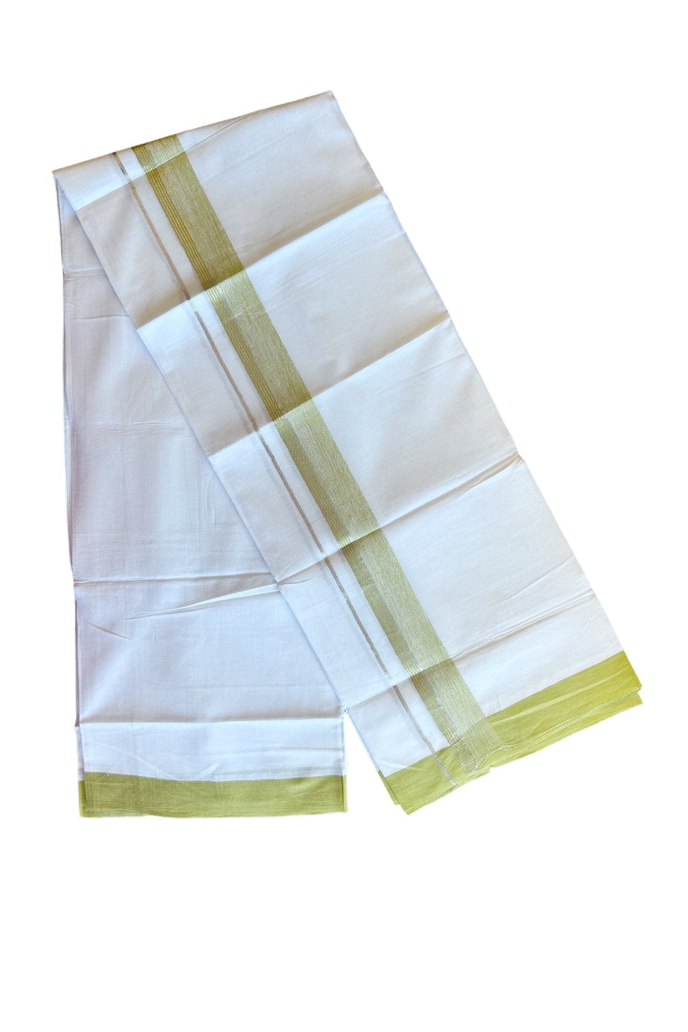 27% DISCOUNT!! Kaitharikada Balaramapuram 100% Cotton Ultra WHITE Double Mundu./Dothi-100x80  2.25 Inch GREEN YELLOW + SILVER Striped Cotton Kara KK50CHAN -7 .