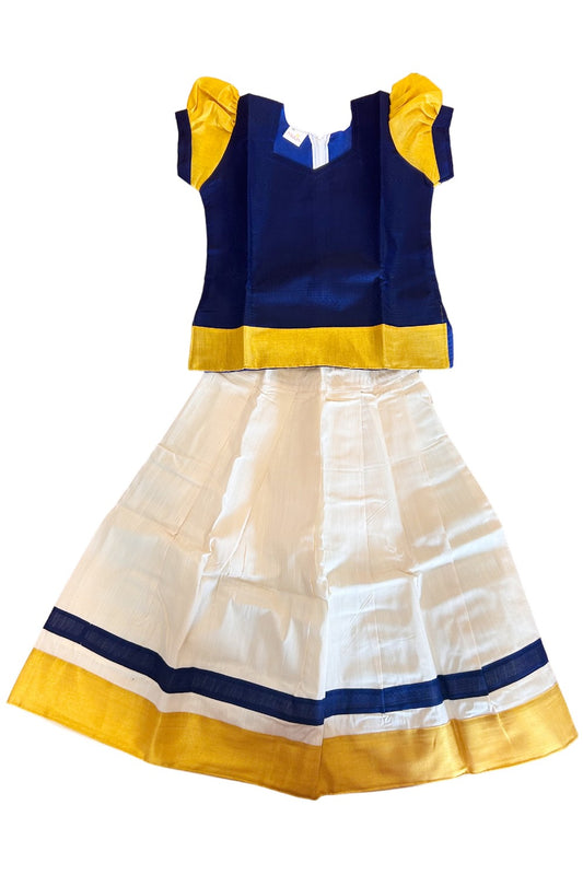 Midukki-Traditional South Indian Kids Pattu Pavada- Navy blue top with emboss work offwhite skirt with kasavu- Age 8 - KK8MID007