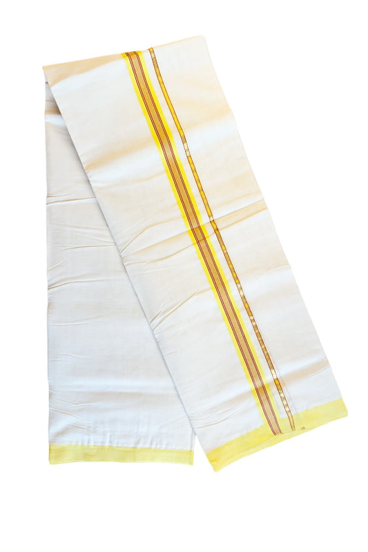 15% DISCOUNT!! KaithariKada HANDLOOM Unakkupaavu Balaramapuram - 100% PURE Cotton OFF White (Unbleached) Double Mundu/Dothi - YELLOW + RED Kasavu Striped 1 inch Kara-KK46SOM-7.