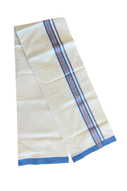 15% DISCOUNT! KaithariKada BALARAMAPURAM HANDLOOM UNAKKUPAAV - 100% PURE Cotton off white (Unbleached) Double Mundu/Dhoti -  1.75  inch Blue Red & Silver Kasavu Designer Kara- 3.60 mtr-51