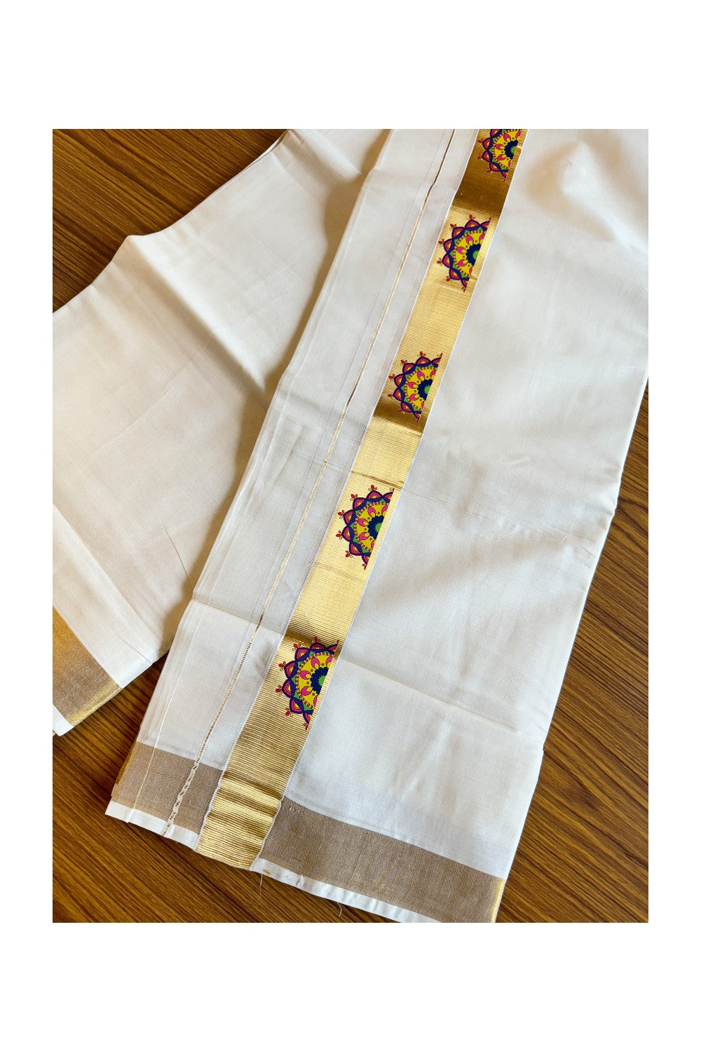 20% Discount !! KaithariKada Balaramapuram 100% Cotton Double Off white Mundu/Dhoti-80x72-  Hand Painted  Kasavu Flower Design - 7KK207PMC