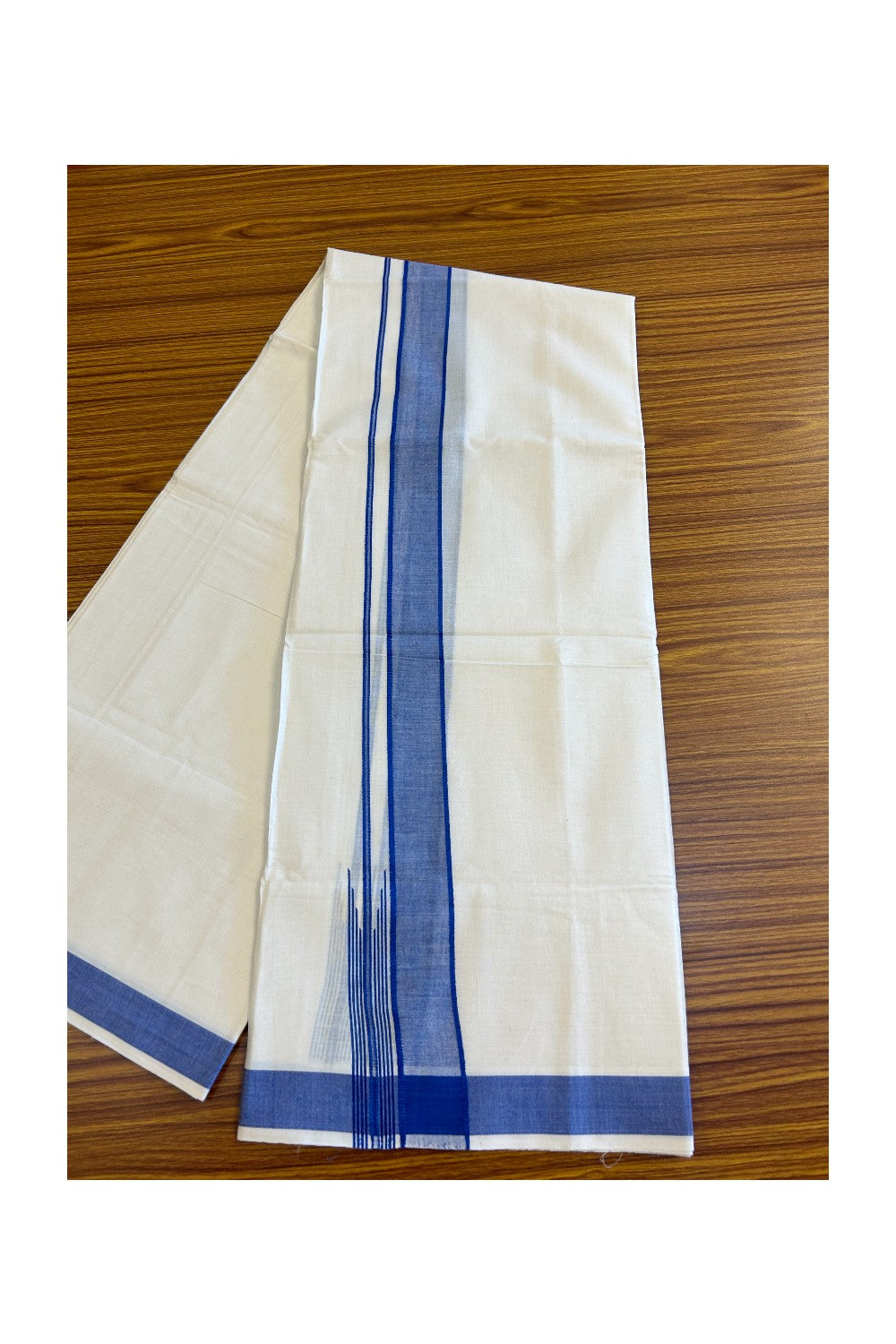 ONAM OFFER 22%! KaithariKada Exclusive 100% PREMIUM Cotton OFF WHITE (Unbleached) Double Dhoti/Mundu- Cotton Dark Blue Kara Printed Striped Chutty - 7KK426MC