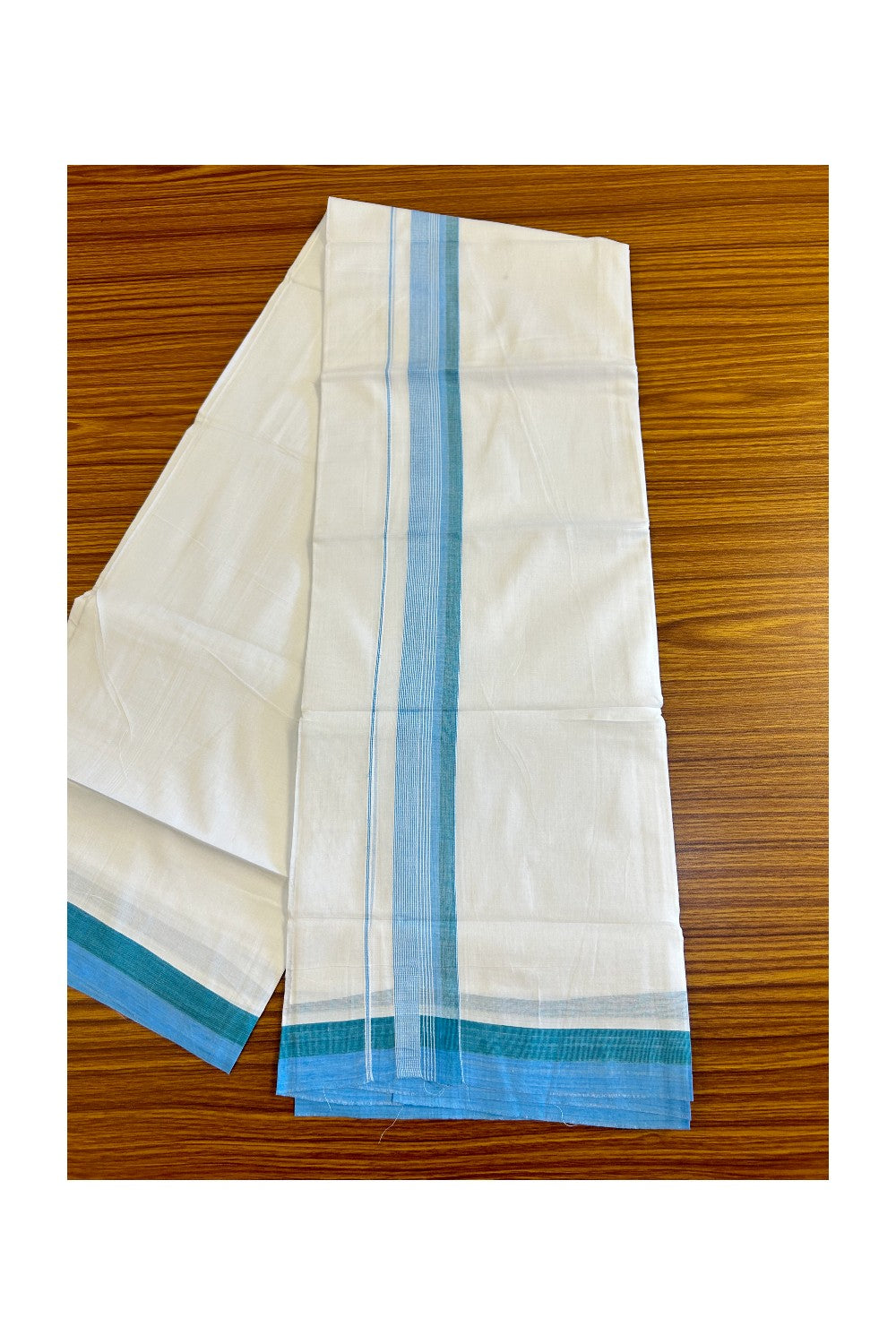 26% DISCOUNT!!! KaithariKada Balaramapuram 100% Cotton PURE white Double Mundu/Dhoti-100x90   2 Inch Sky Blue & Green shaded White stripes kara  - 7KK448VIN