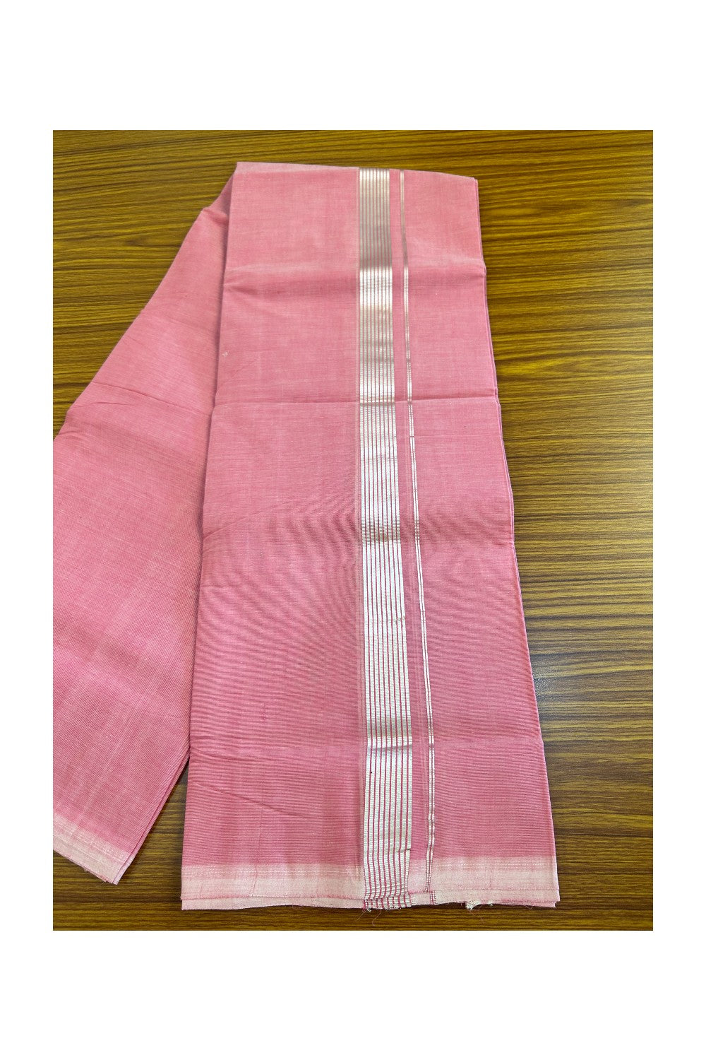 21% Discount! KaithariKada Handloom 100% Cotton Double Mundu/Dhoti - Pink Colour Body & Silver Striped 1.75inch Kara 3.80 mtr - 7KK452SOM