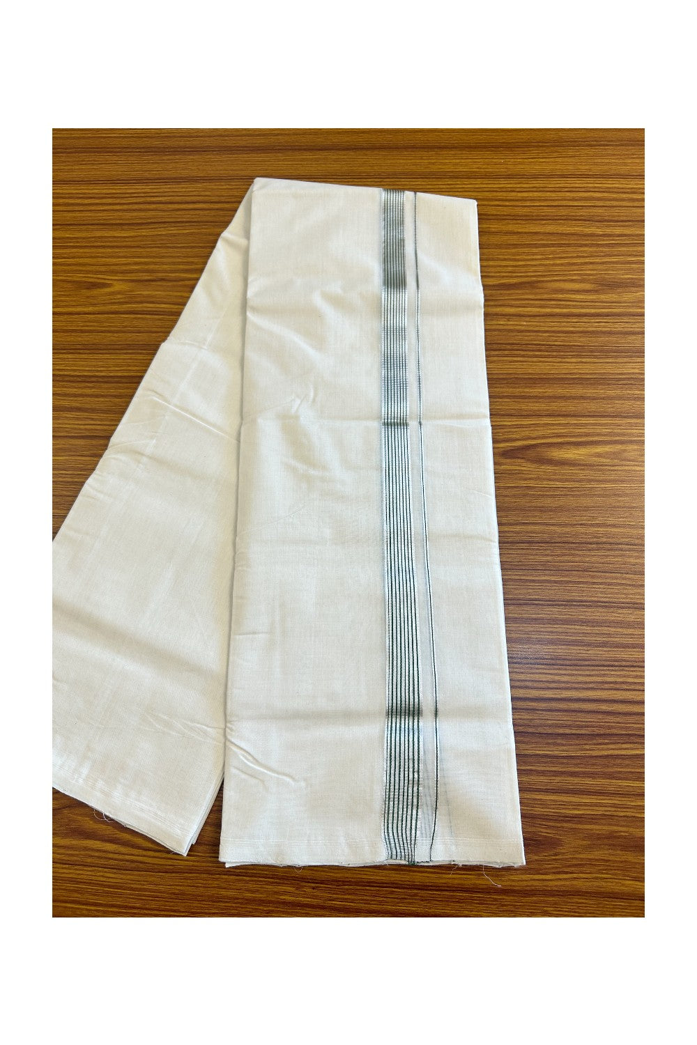 15% DISCOUNT!! KaithariKada HANDLOOM Millpaav Balaramapuram - 100% PURE Cotton OFF White (Unbleached) Double Mundu/Dothi - Light green & Silver kasavu Striped kara 3.75m (8.30 Muzham) - 7KK458SOM