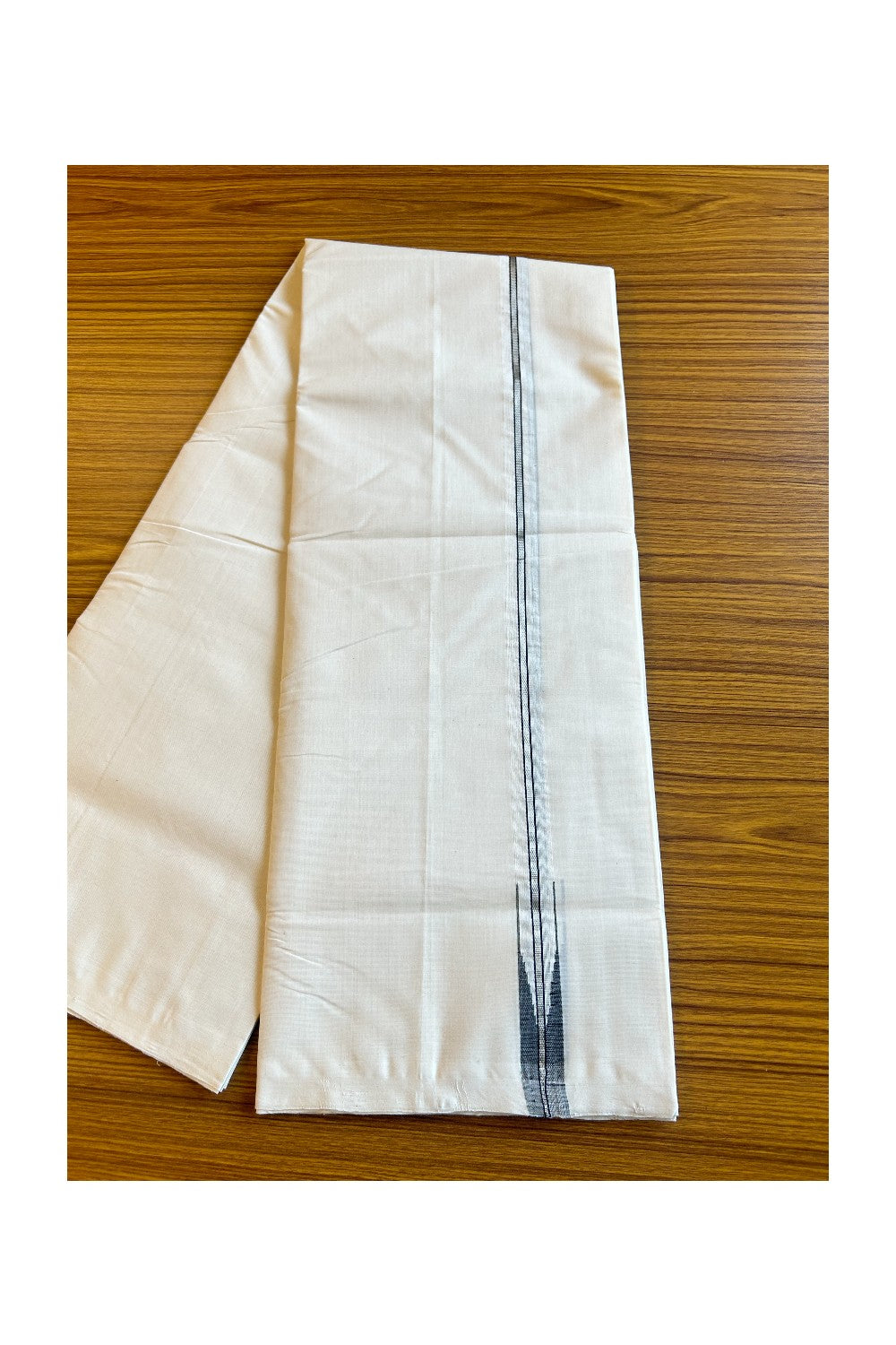 17% DISCOUNT!! KaithariKada HANDLOOM UNAKKUPAAV Balaramapuram - 100% PURE Cotton OFF White - (Unbleached) Double Mundu/Dothi - 2 cm Puliyilakkara silver kasavu Black chutty - 7KK462RAM