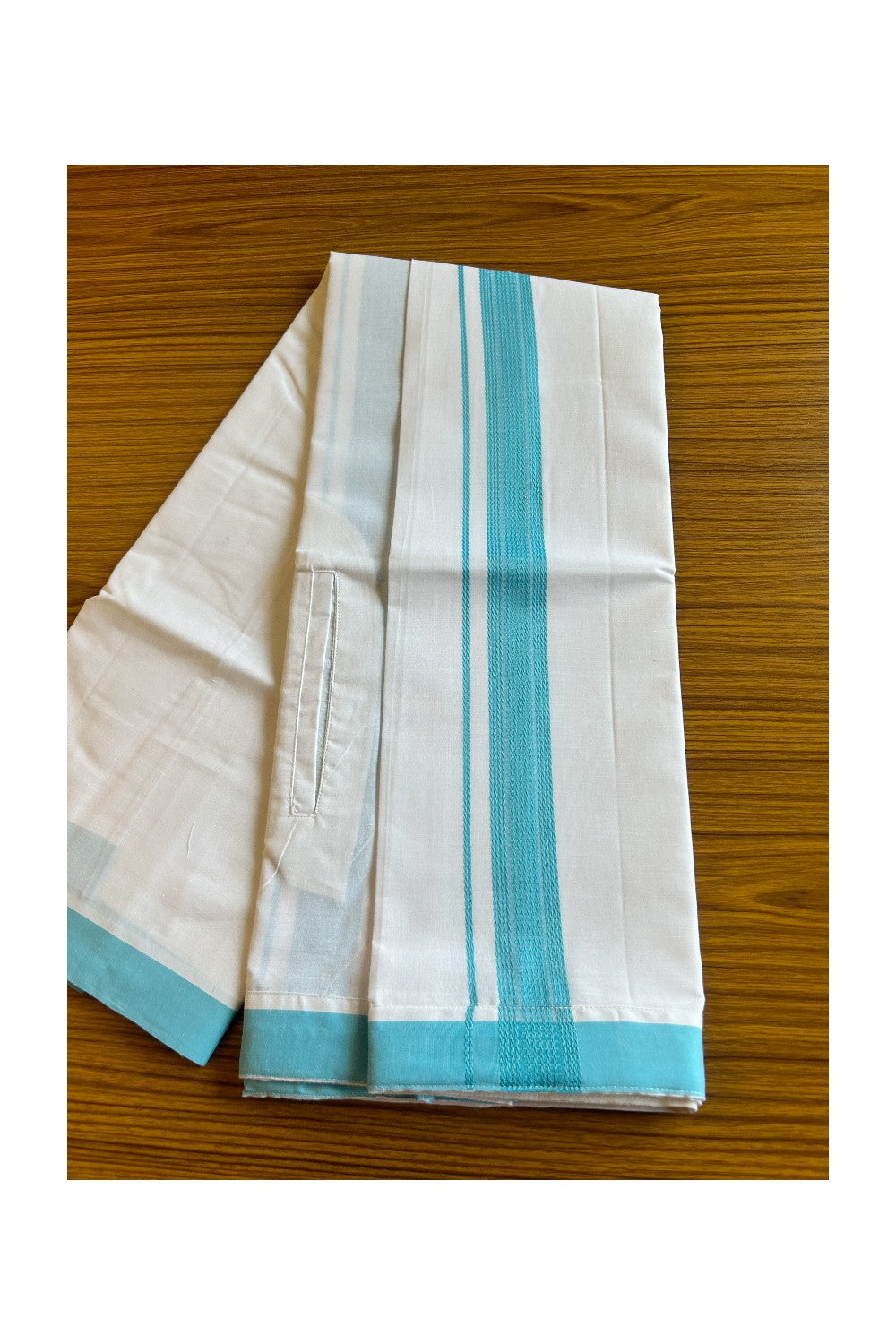 KaithariKada Balaramapuram  COTTON SINGLE PURE WHITE VELCRO Mundu/Dhoti  - 1.75inch Blue kara - 7KK485SRI